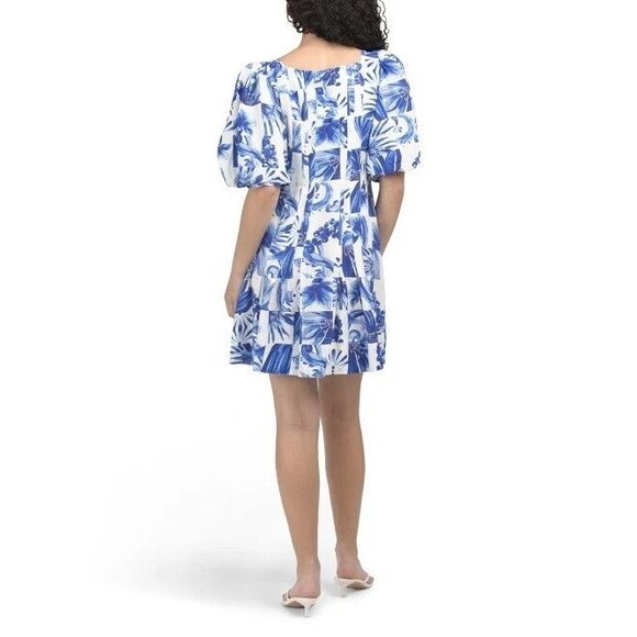 Caroline Constas womens Linen Short Mini Dress size 6 White & Blue Floral Button - Picture 3 of 9